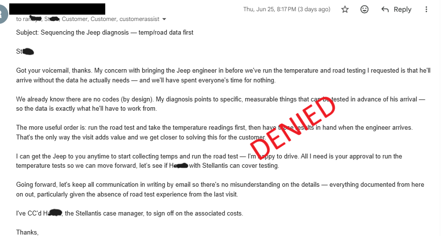 Owner email requesting that battery, coolant, and motor temperatures be measured during the power-loss event before the Jeep field engineer's visit; marked declined.