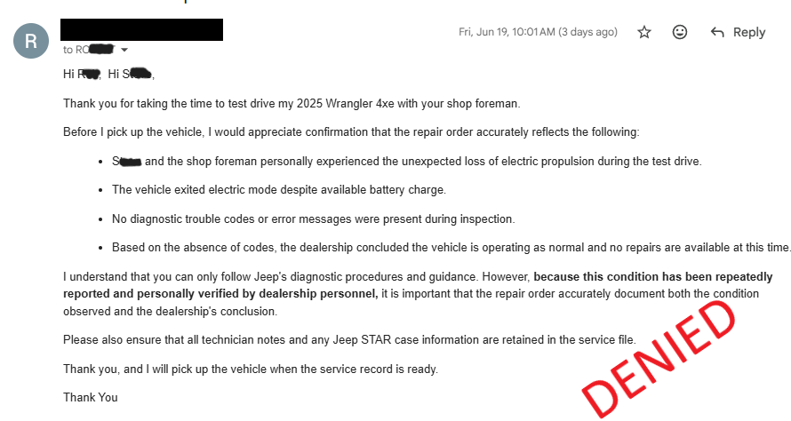 Owner email asking that the repair order reflect that dealership personnel personally experienced the loss of electric propulsion on the test drive; marked declined.