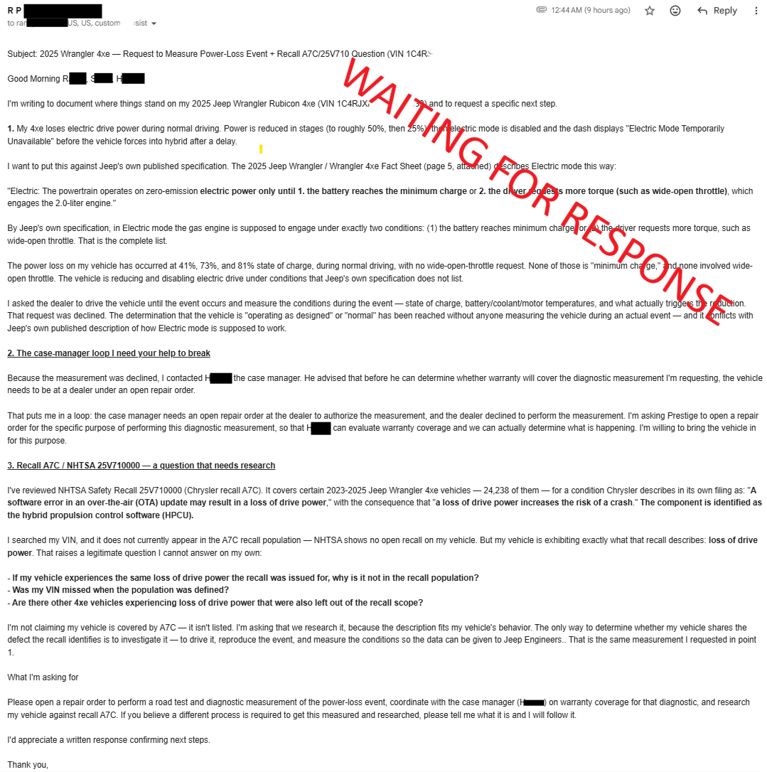 Email to Jeep dealer and case manager, June 29 2026, requesting diagnostic measurement of the 4xe power-loss event and research against NHTSA recall A7C.
