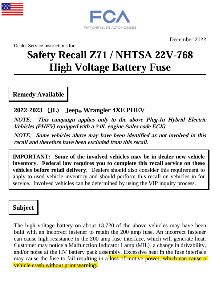 FCA Safety Recall Z71 / NHTSA 22V-768 dealer service instructions, December 2022, stating a loss of motive power can cause a vehicle crash without prior warning.