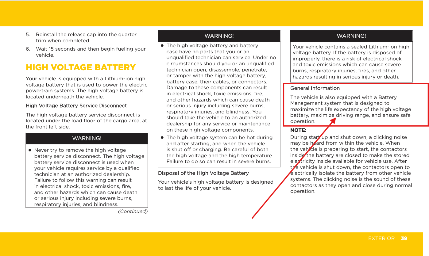 2025 Jeep Wrangler Owner Handbook, page 39, High Voltage Battery section, stating the Battery Management system is designed to maximize battery life expectancy, maximize driving range, and ensure safe operation.