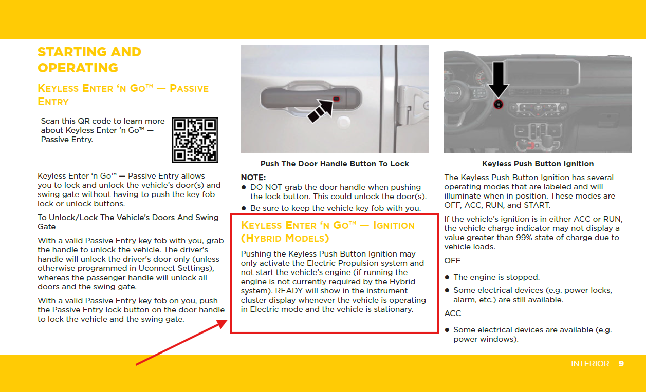 2025 Jeep Wrangler Owner Handbook, page 9, Keyless Enter 'n Go ignition for hybrid models, describing that pushing the ignition may only activate the Electric Propulsion system and that READY shows in the cluster when operating in Electric mode.