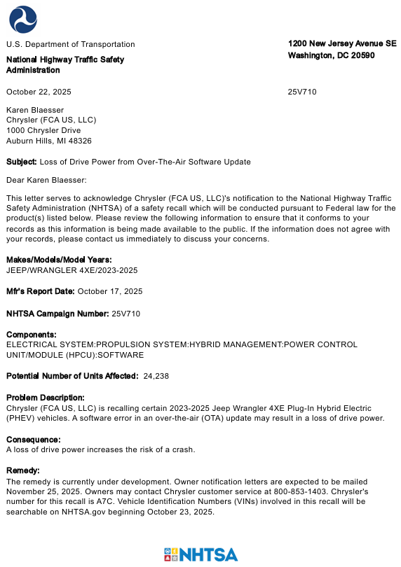 NHTSA recall 25V710000 acknowledgment letter page 1, Loss of Drive Power from Over-The-Air Software Update, 2023-2025 Jeep Wrangler 4XE