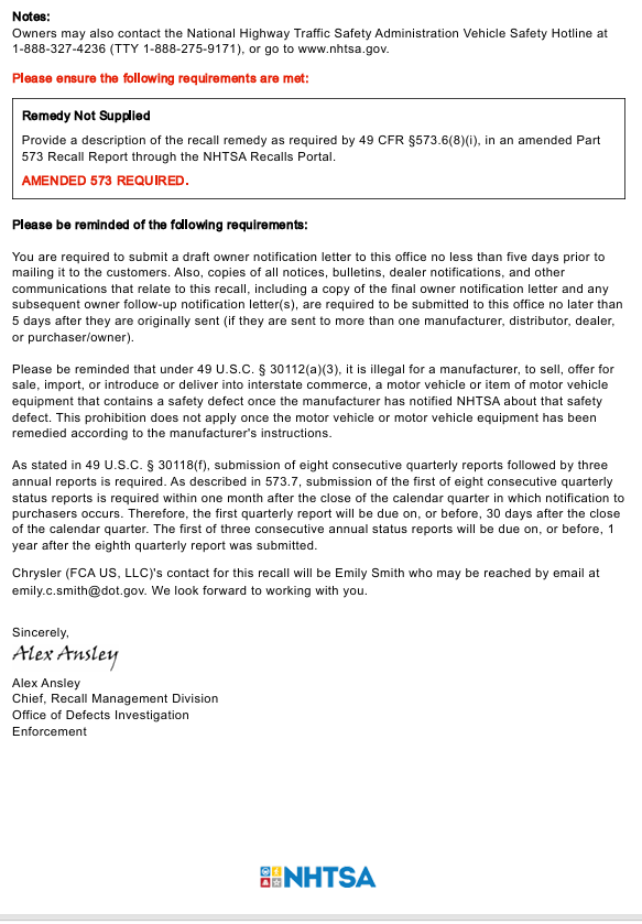 NHTSA recall 25V710000 acknowledgment letter page 2, Loss of Drive Power from Over-The-Air Software Update, 2023-2025 Jeep Wrangler 4XE
