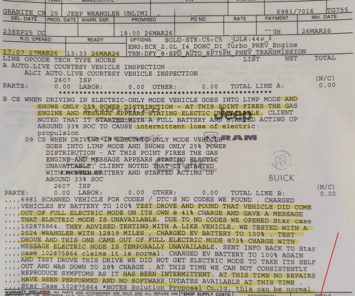 Repair order documenting limp mode at 25% power and a test on a second vehicle from inventory.