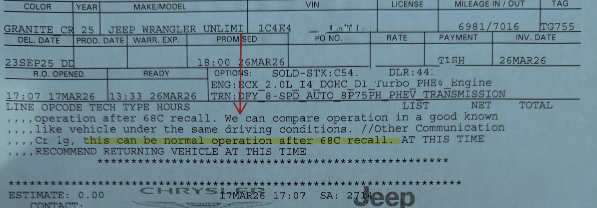 Dealer service record with a Jeep field-engineer note stating that the vehicle losing electric power during normal driving can be normal operation after the 68C recall.
