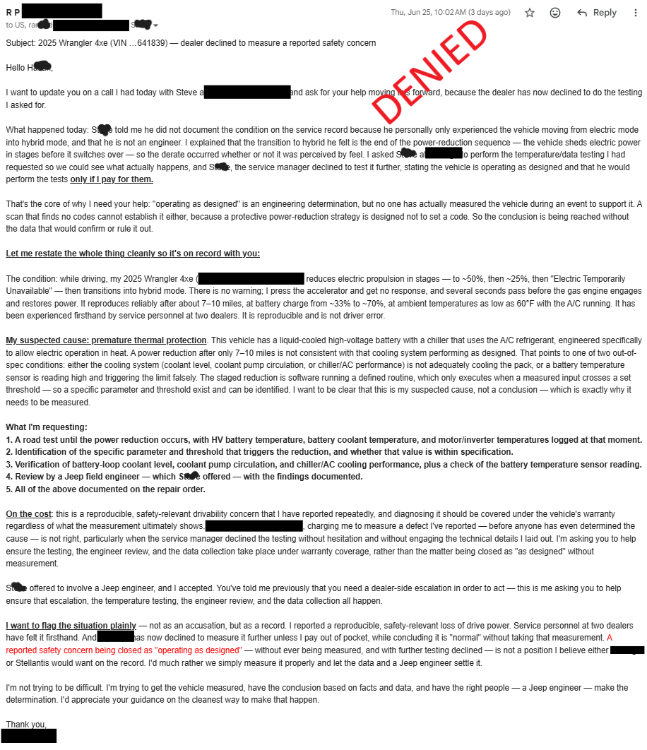 Owner email to the Stellantis case manager requesting authorization to cover the temperature testing; marked declined.